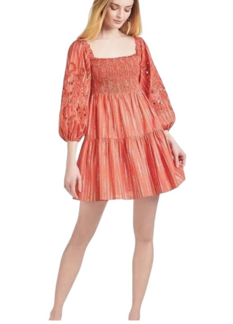 Sachin + Babi NEW Medium Cotton Boho Square Neck Lola Orange Stripe Mini Dress